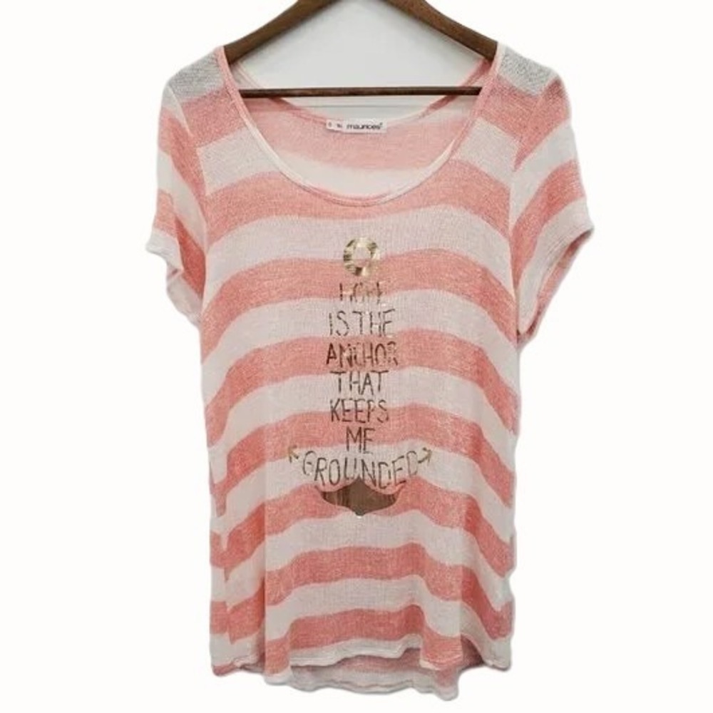 Maurices Womens 1X‎ Pink White Striped Anchor Graphic Tee Stretch Casual